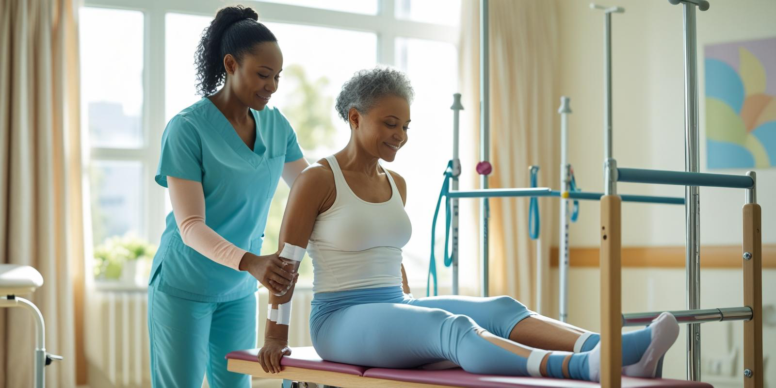 A rehabilitation physiotherapist guiding a patient recovering from spine surgery. The setting is a hospital rehab room with balance equipment and parallel bars.